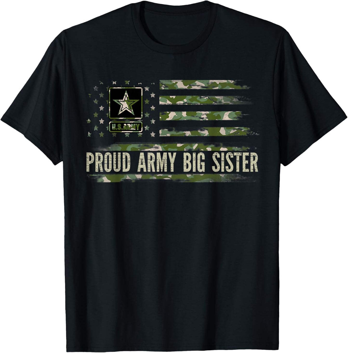 Proud Army Big Sister Camo American Flag Veteran Gift T-Shirt - T-Shirt | Black