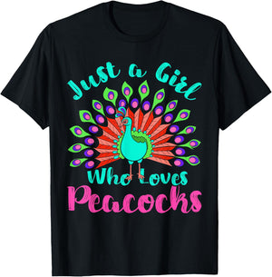 Decorative Bird Lover Women Just A Girl Who Loves Peacocks T-Shirt - T-Shirt | Black