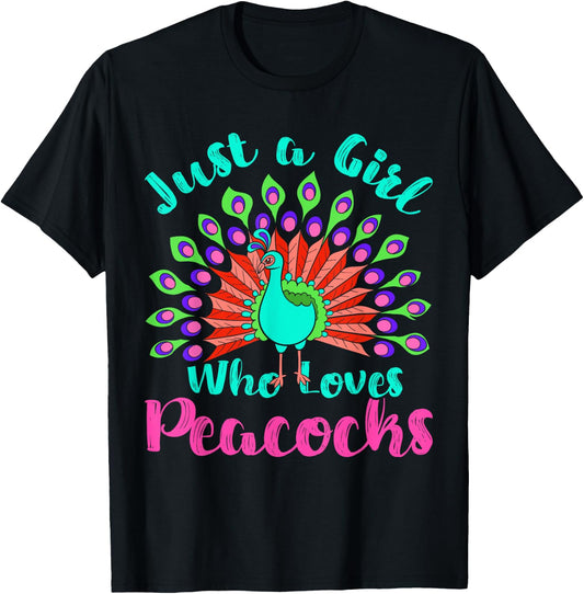 Decorative Bird Lover Women Just A Girl Who Loves Peacocks T-Shirt - T-Shirt | Black
