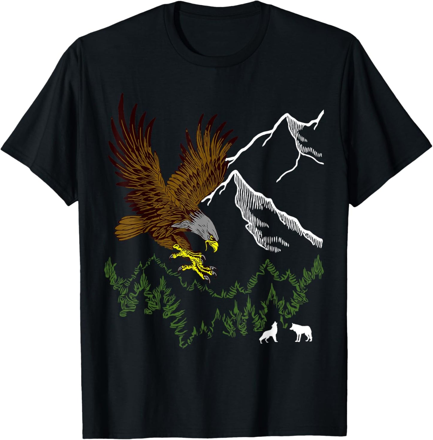 Mountain Forest tree Design Eagle Bird, Wolf Animal Graphic T-Shirt - T-Shirt | Black