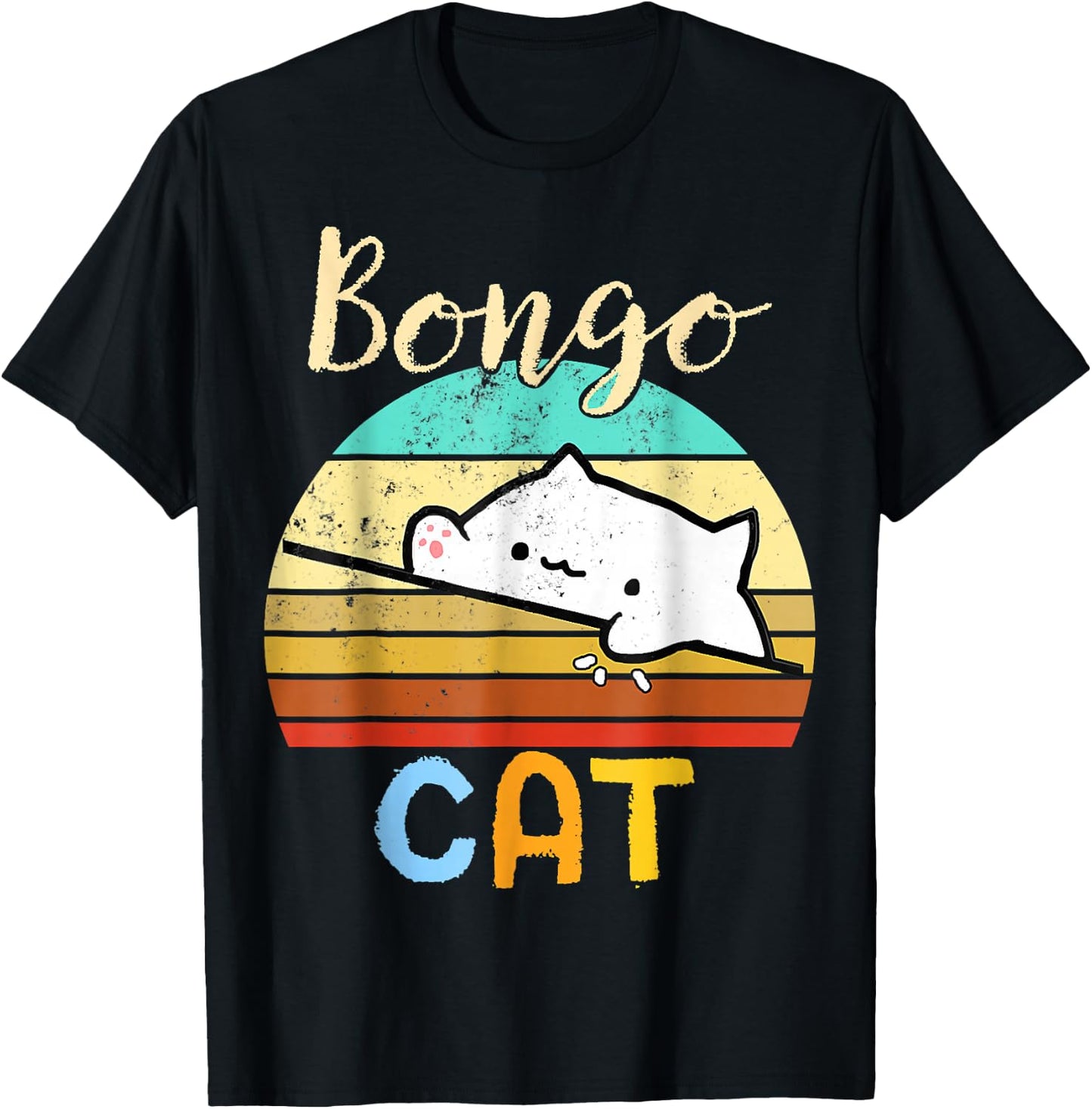 vintage sunset Bongo Cat cute Gamer meme gift T-Shirt - T-Shirt | Black