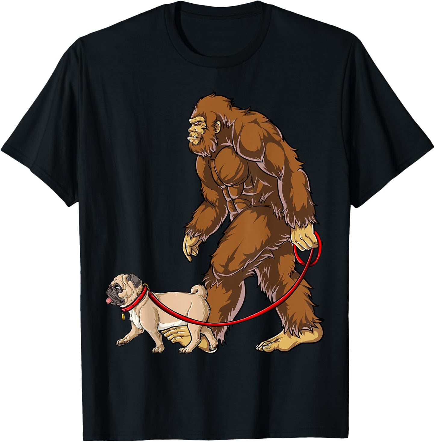 Bigfoot Dog Walk Pug Men Women Sasquatch Lover Gifts Funny T-Shirt - T-Shirt | Black