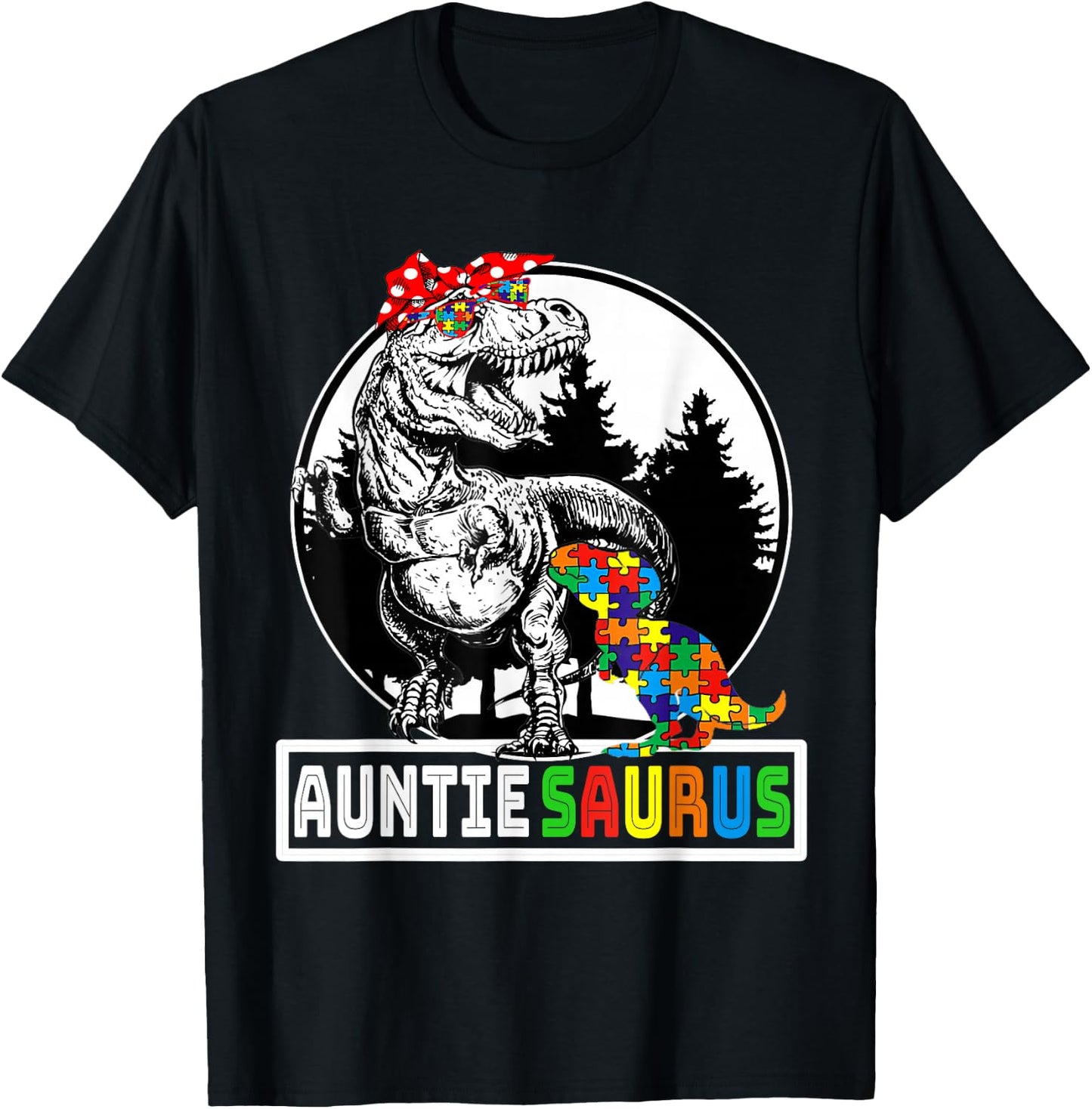 Auntiesaurus T rex Dinosaur Auntie Saurus Autism Awareness T-Shirt - T-Shirt | Black