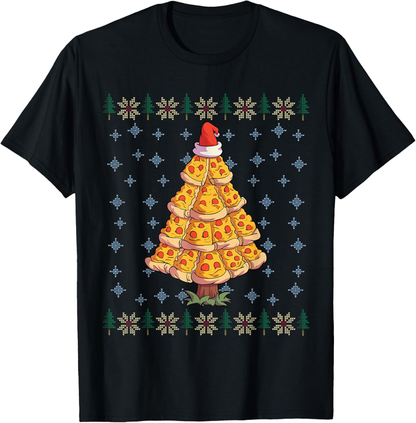 Pizza Christmas Tree Shirt Men Pizza Lover Gift Santa Hat T-Shirt - T-Shirt | Black