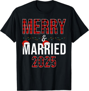 Merry And Married 2025 Red Plaid Christmas Couple Matching T-Shirt - T-Shirt | Black