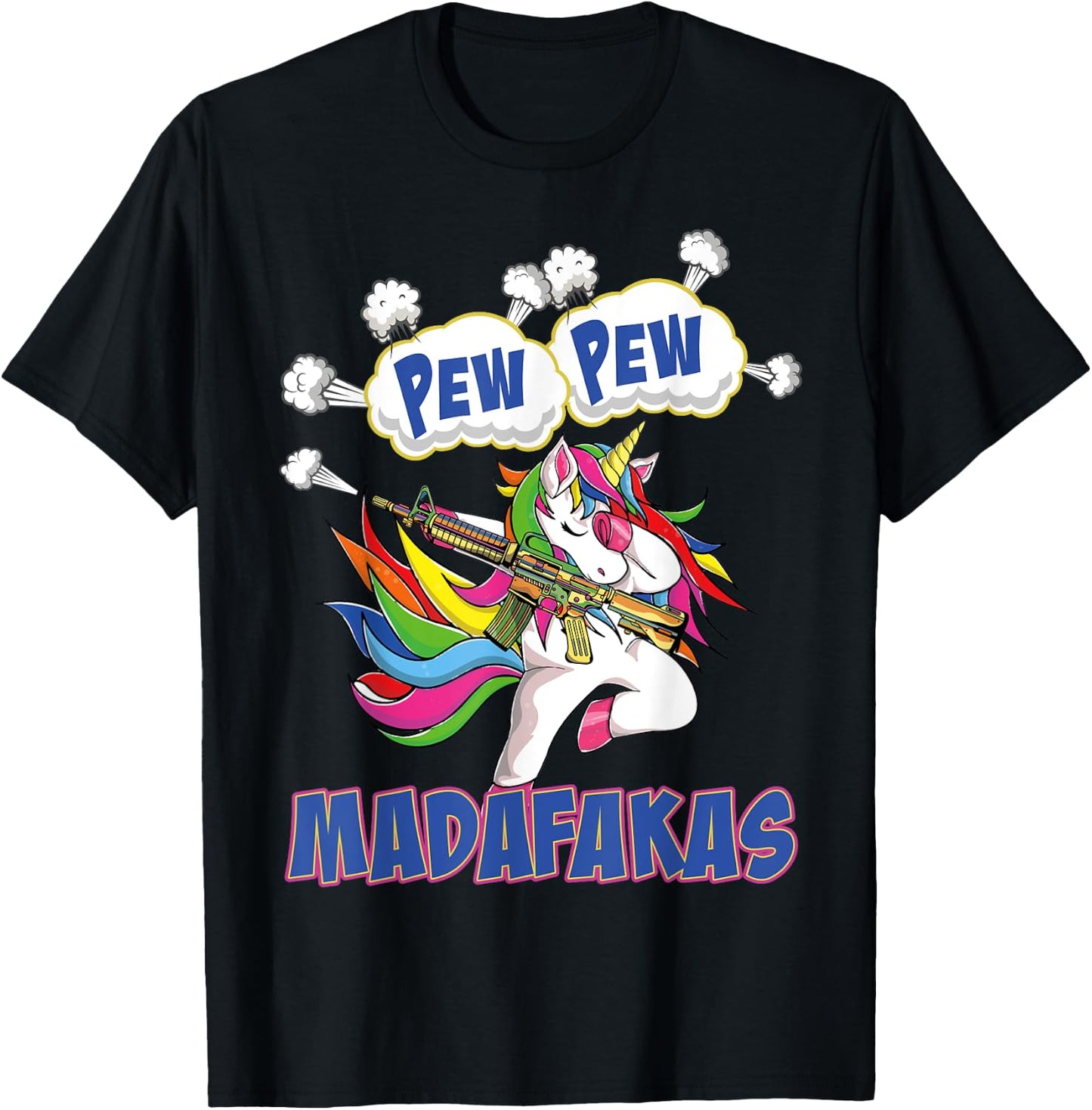 Pew Pew Madafakas Unicorn with Machine Gun T-Shirt - T-Shirt | Black