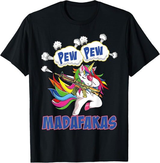 Pew Pew Madafakas Unicorn with Machine Gun T-Shirt - T-Shirt | Black