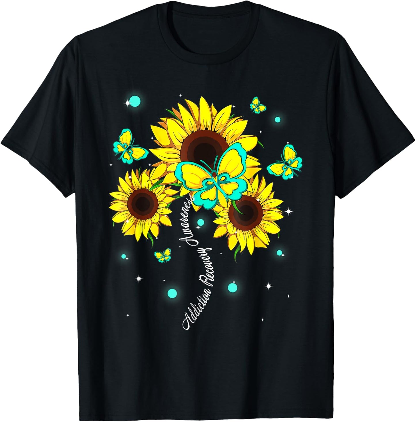 Addiction Recovery Awareness Sunflower Butterfly Ribbon T-Shirt - T-Shirt | Black