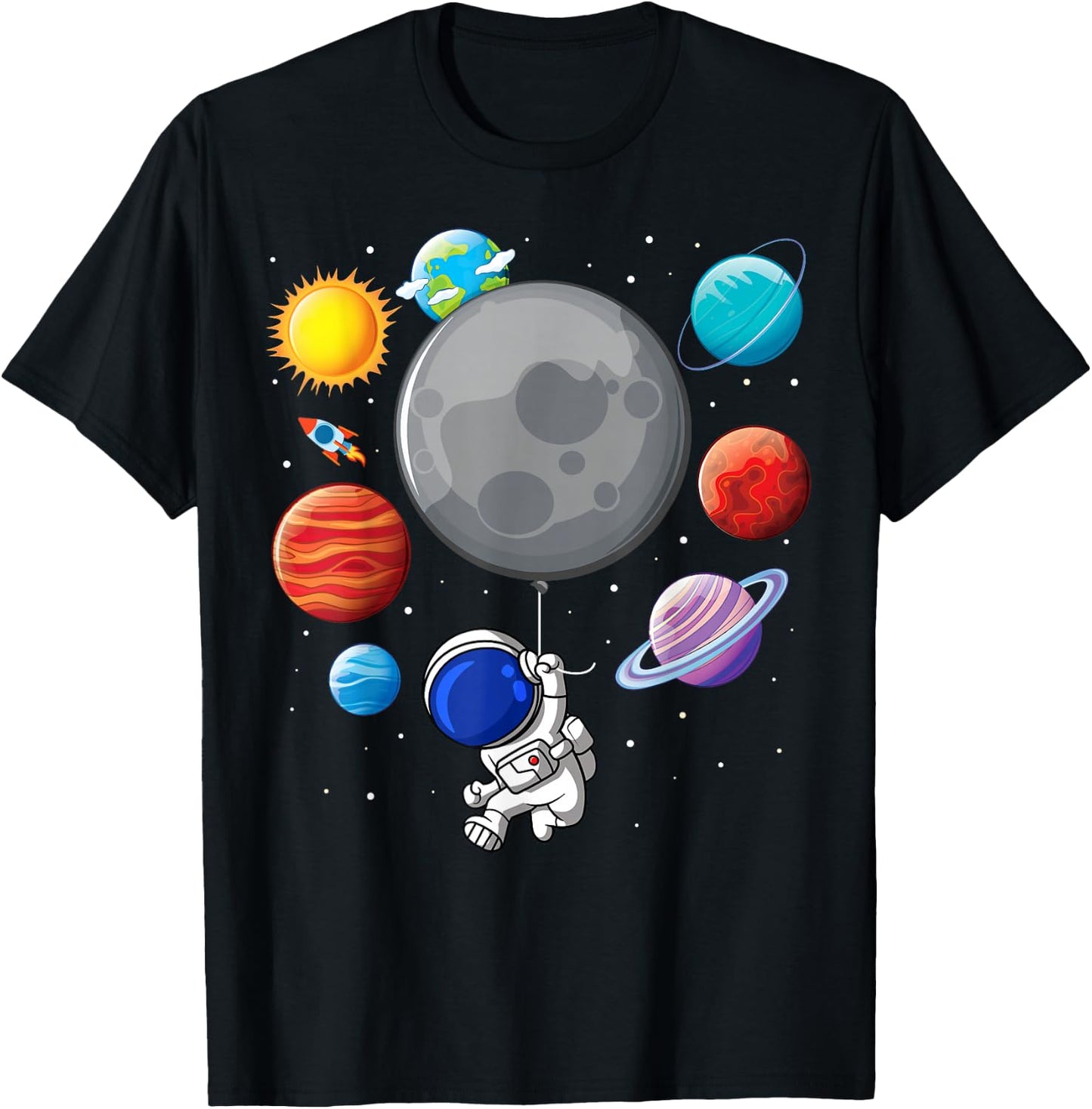 Astronaut Holding Planet Balloons Solar-System Space Kids T-Shirt - T-Shirt | Black