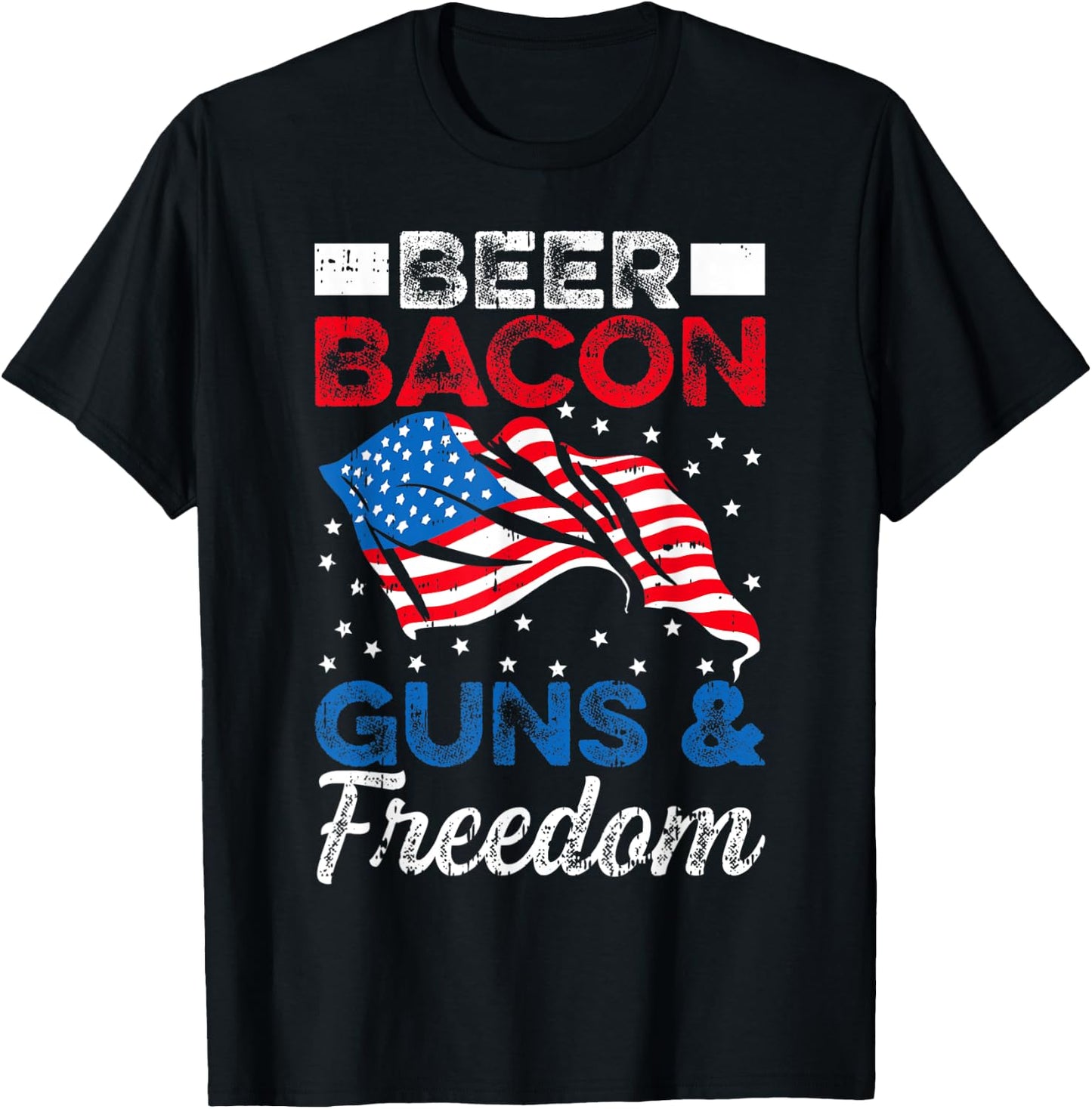 USA Flag Beer Bacon Guns And Freedom 4th Of July Veterans Men T-Shirt - T-Shirt | Black