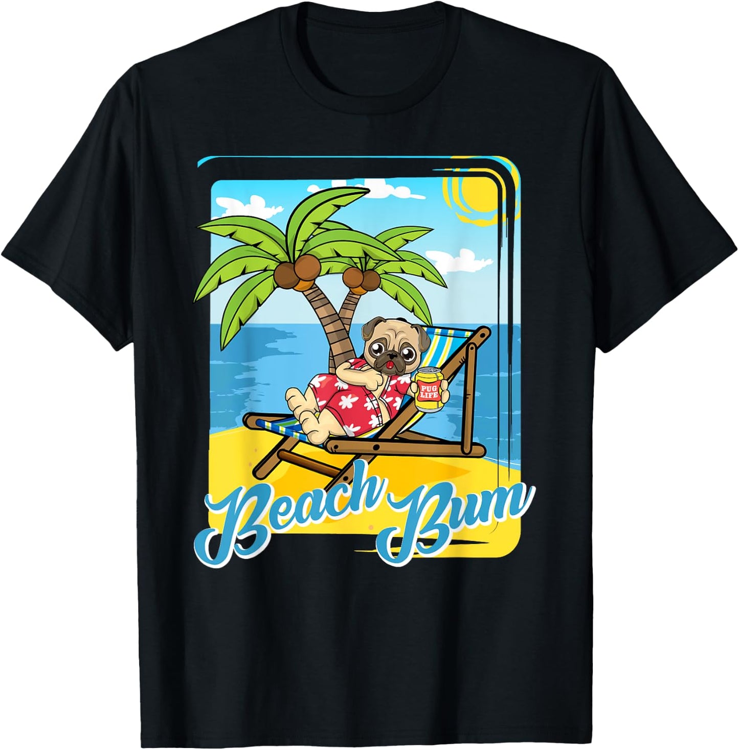 Beach Bum Pug Dog with Beer on Tropical Beach Vacation Women T-Shirt - T-Shirt | Black