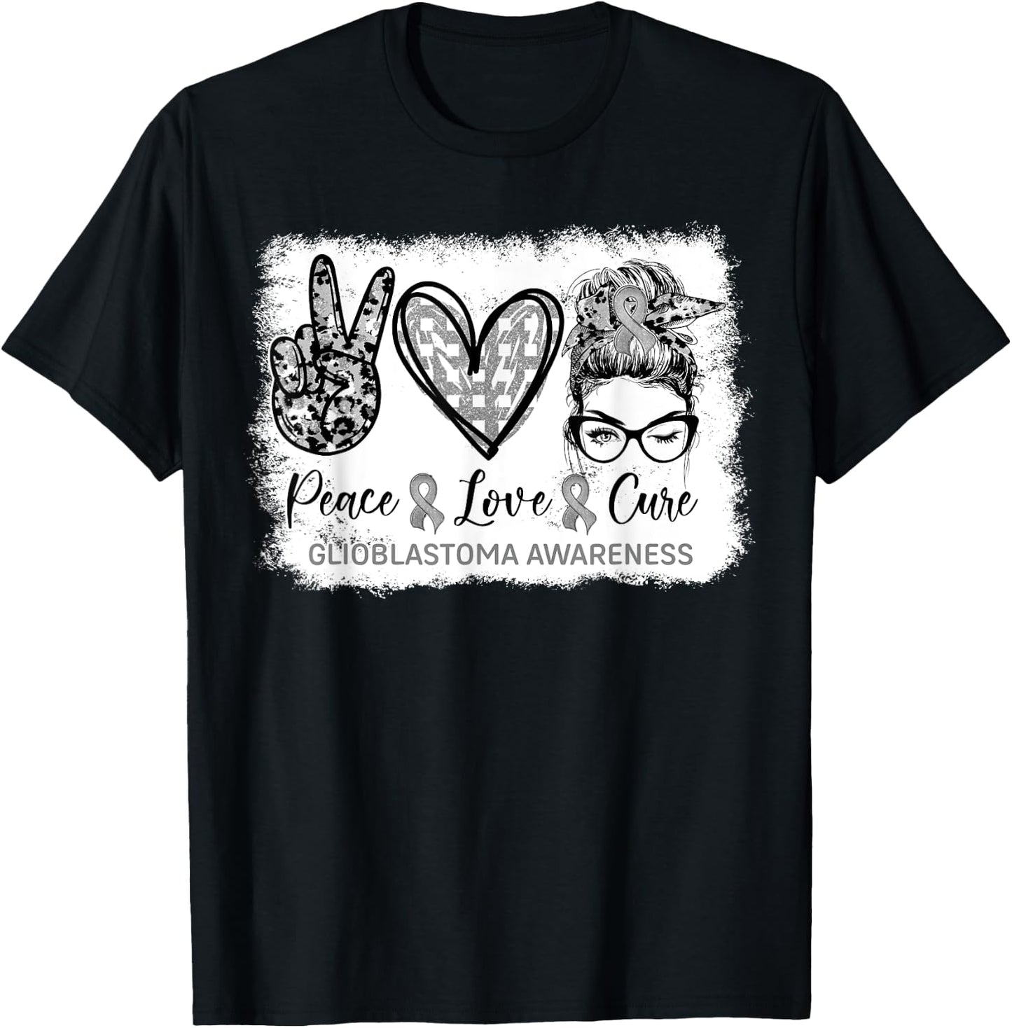 Messy Bun Peace Love Cure Gray Ribbon Glioblastoma Awareness T-Shirt - T-Shirt | Black