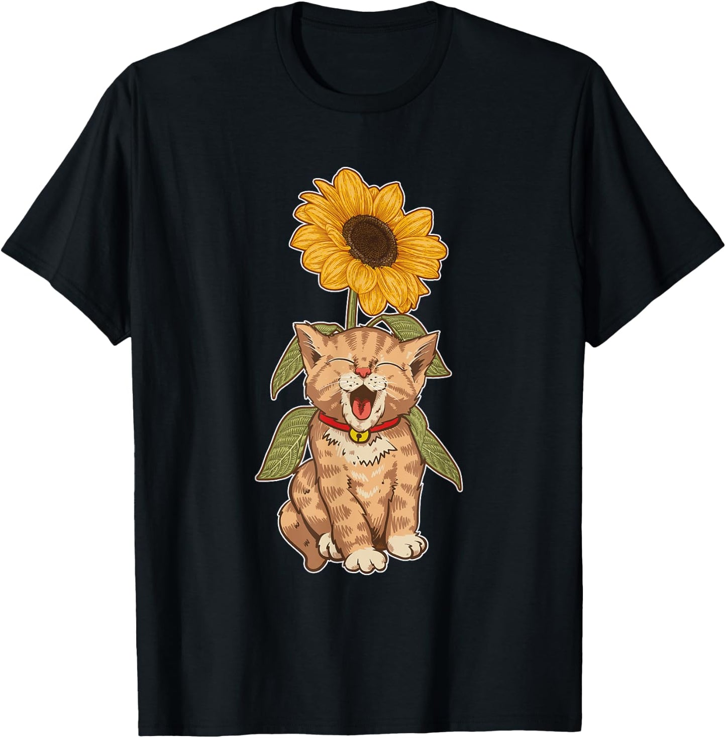 Cat Animal Kitten Yellow Flower Sunflower Pet Kitty Cat T-Shirt - T-Shirt | Black