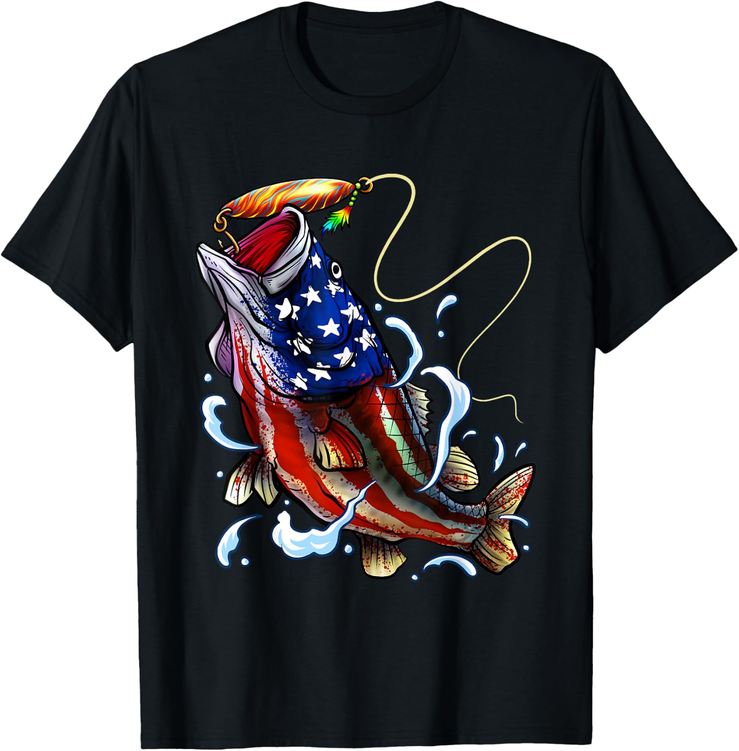 Bass Fishing Fish American Flag Dad Father Fourth Of July T-Shirt - T-Shirt | Black