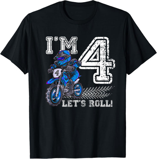 I'm 4 Let's Roll 4th Birthday Dirt Bike Motocross Kids T-Shirt - T-Shirt | Black