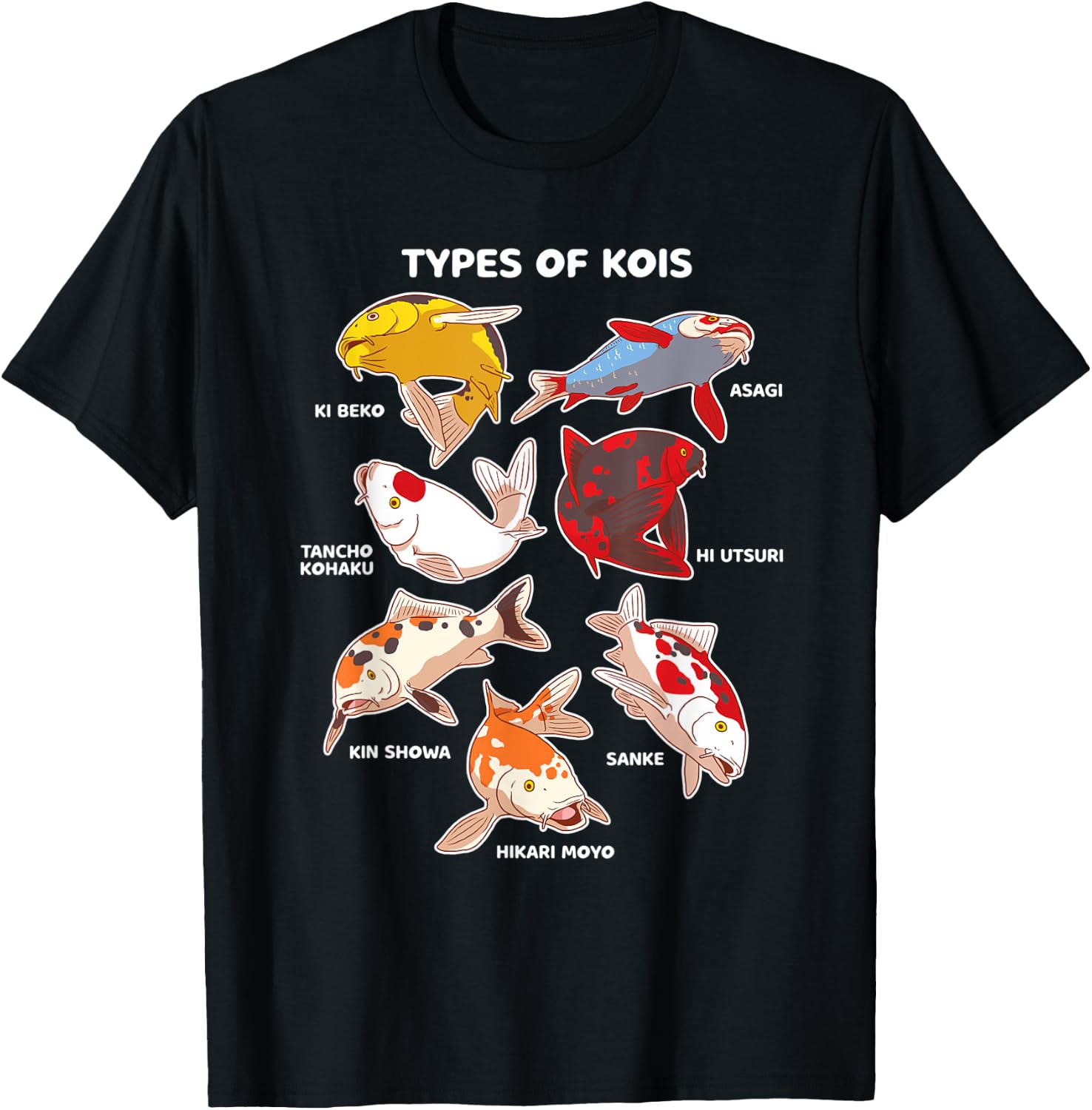 Types of Koi Fish Asagi Tancho Kohaku Hikari Moyo Sanke T-Shirt - T-Shirt | Black