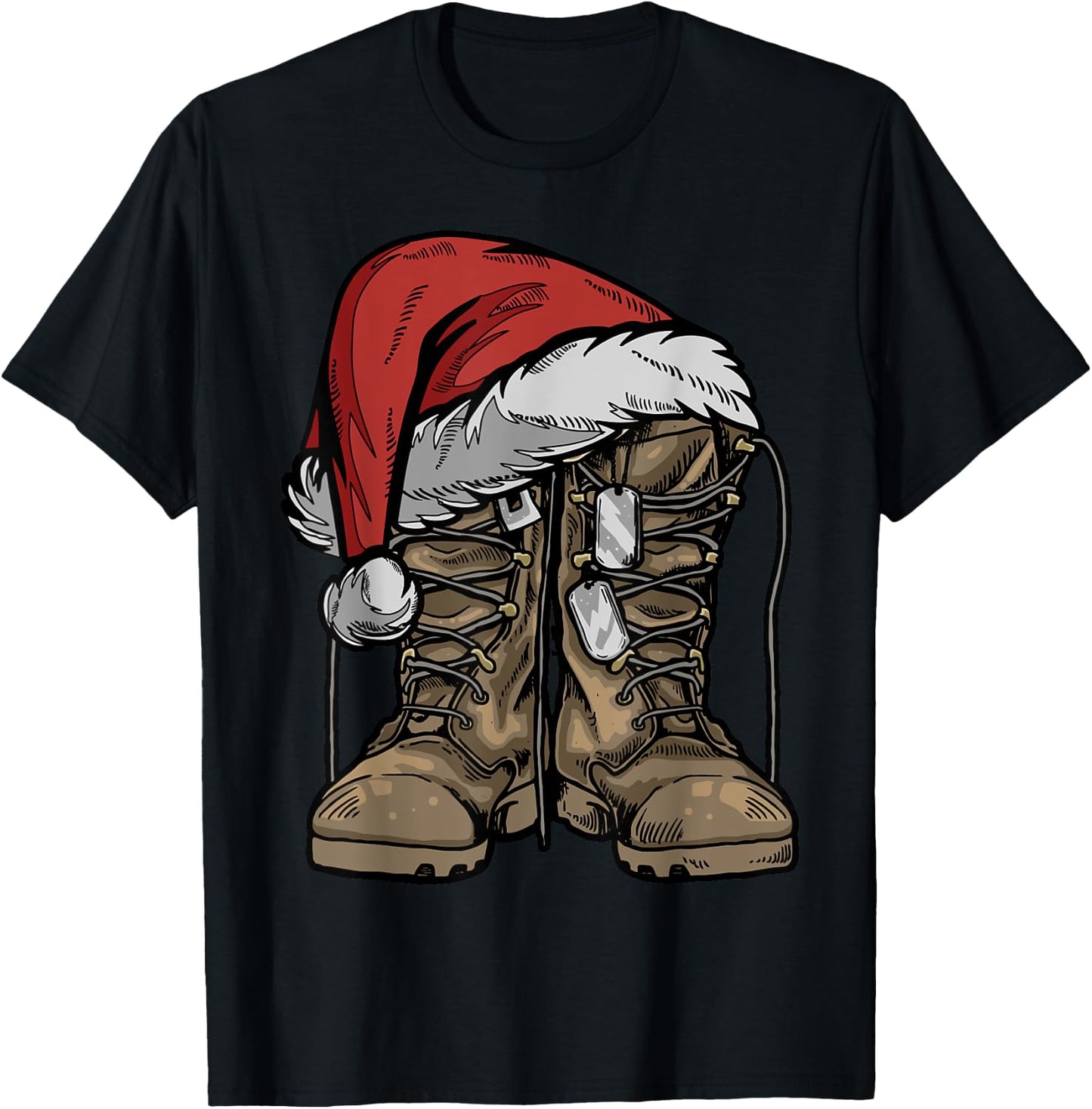 Military Boot Santa Hat Christmas Veteran Combat Soldier T-Shirt - T-Shirt | Black