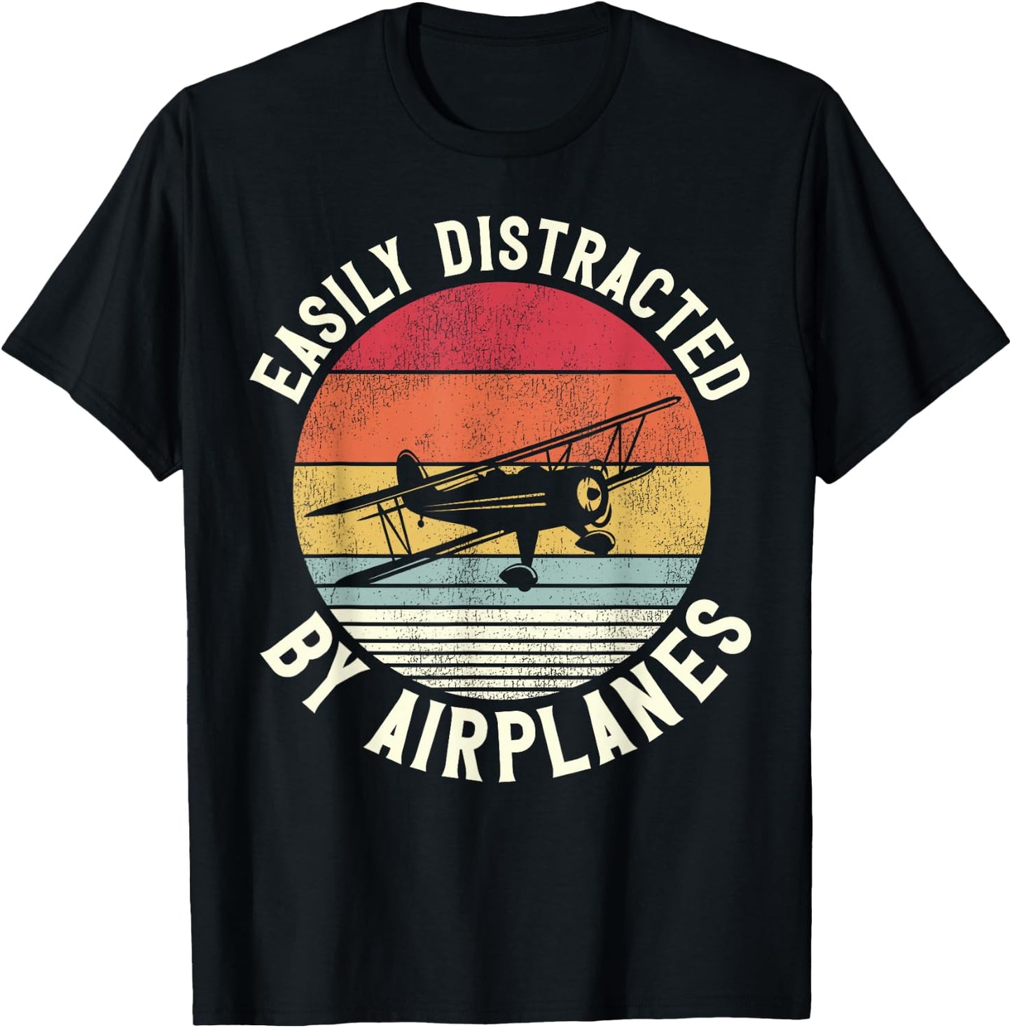 Airplane Pilot Vintage Biplane Easily Distracted By T-Shirt - T-Shirt | Black