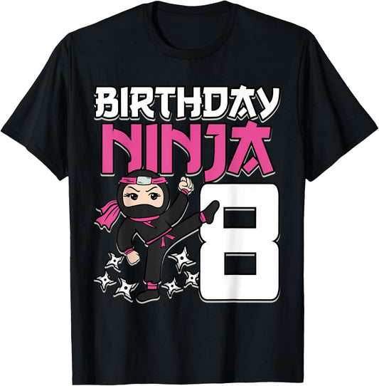 Birthday Ninja 8 Girl Pink Shinobi Themed 8th B-Day Party T-Shirt - T-Shirt | Black