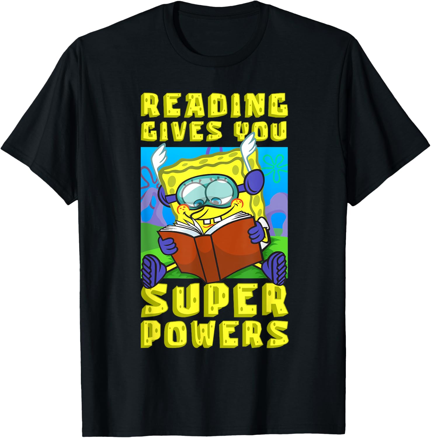 Mademark x SpongeBob SquarePants - SpongeBob Reading Gives You Super Powers Book Stories Reader T-Shirt - T-Shirt | Black