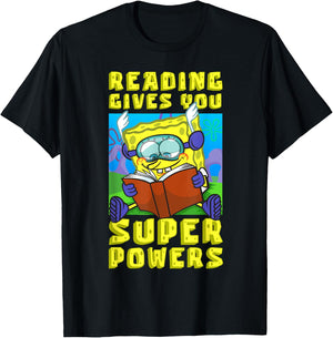 Mademark x SpongeBob SquarePants - SpongeBob Reading Gives You Super Powers Book Stories Reader T-Shirt - T-Shirt | Black