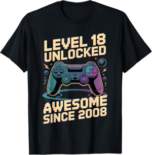 18th Birthday Boy Gift Level 18 Gamer 2008 18 Year Old Party T-Shirt - T-Shirt | Black