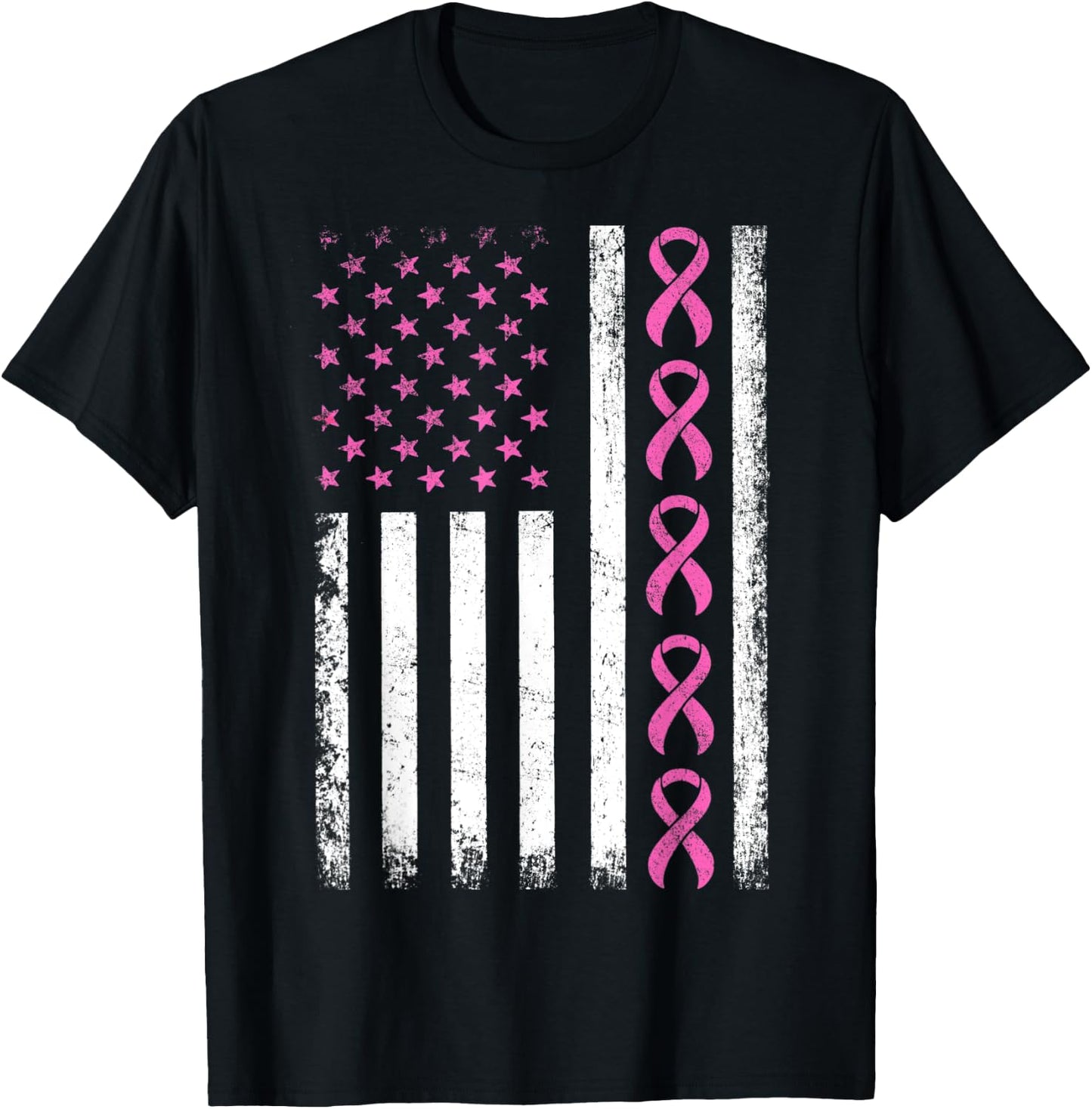 Breast Cancer Awareness American Flag Distressed Women Kids Men T-Shirt - T-Shirt | Black