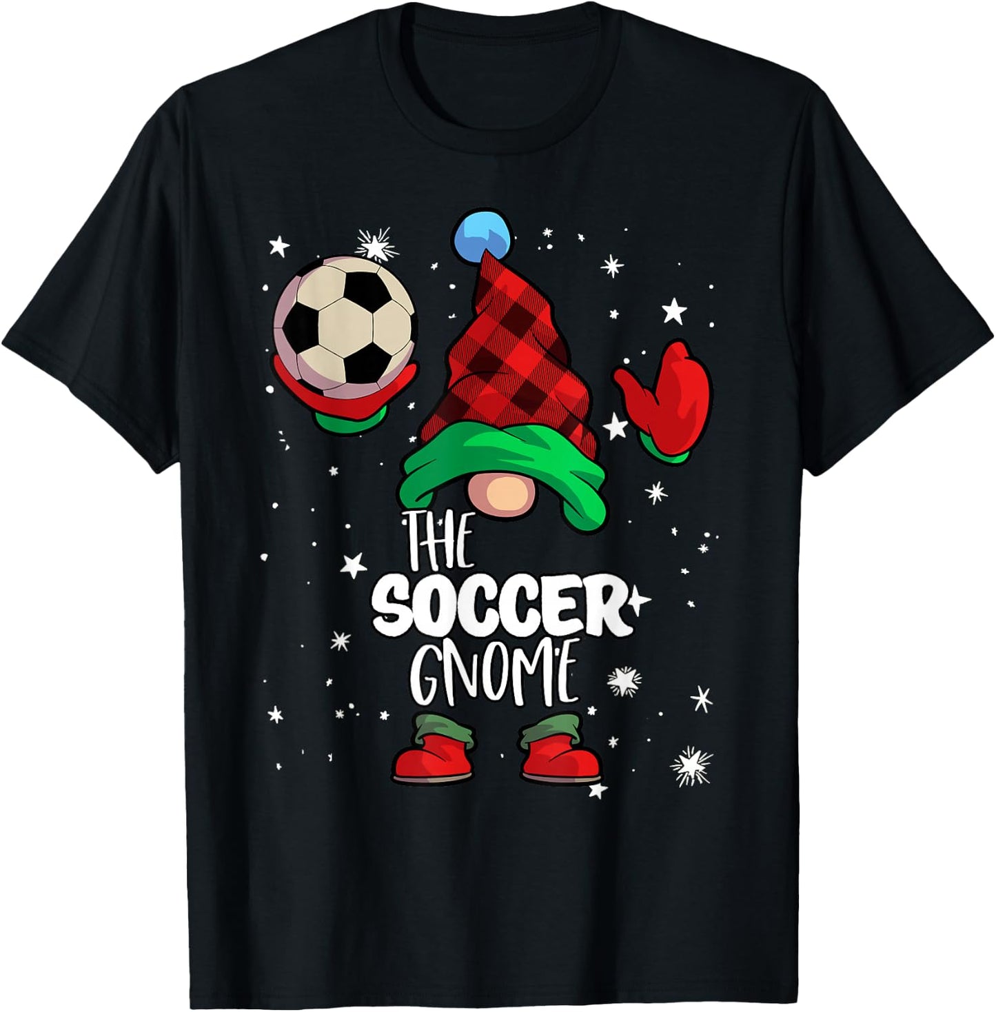 Soccer Gnome Red Buffalo Plaid Matching Family Christmas T-Shirt - T-Shirt | Black