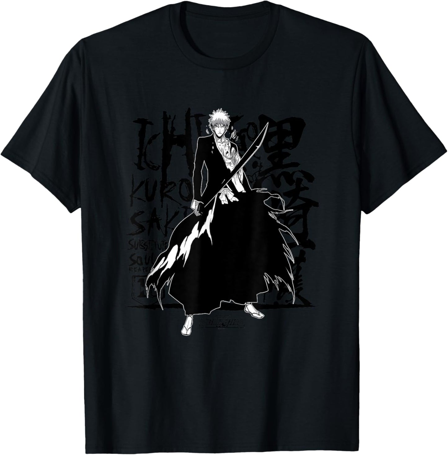 Bleach Ichigo Anime , -Adults, Grey, Small, Short Sleeve, Cotton, Classic Fit, Unique Bleach Ichigo Design T-Shirt - T-Shirt | Black