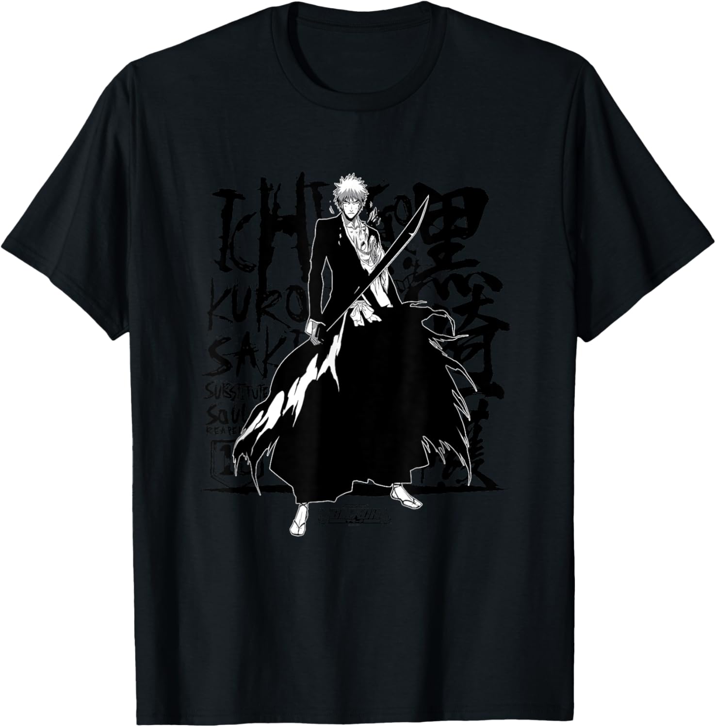 Bleach Ichigo Anime , -Adults, Grey, Small, Short Sleeve, Cotton, Classic Fit, Unique Bleach Ichigo Design T-Shirt - T-Shirt | Black