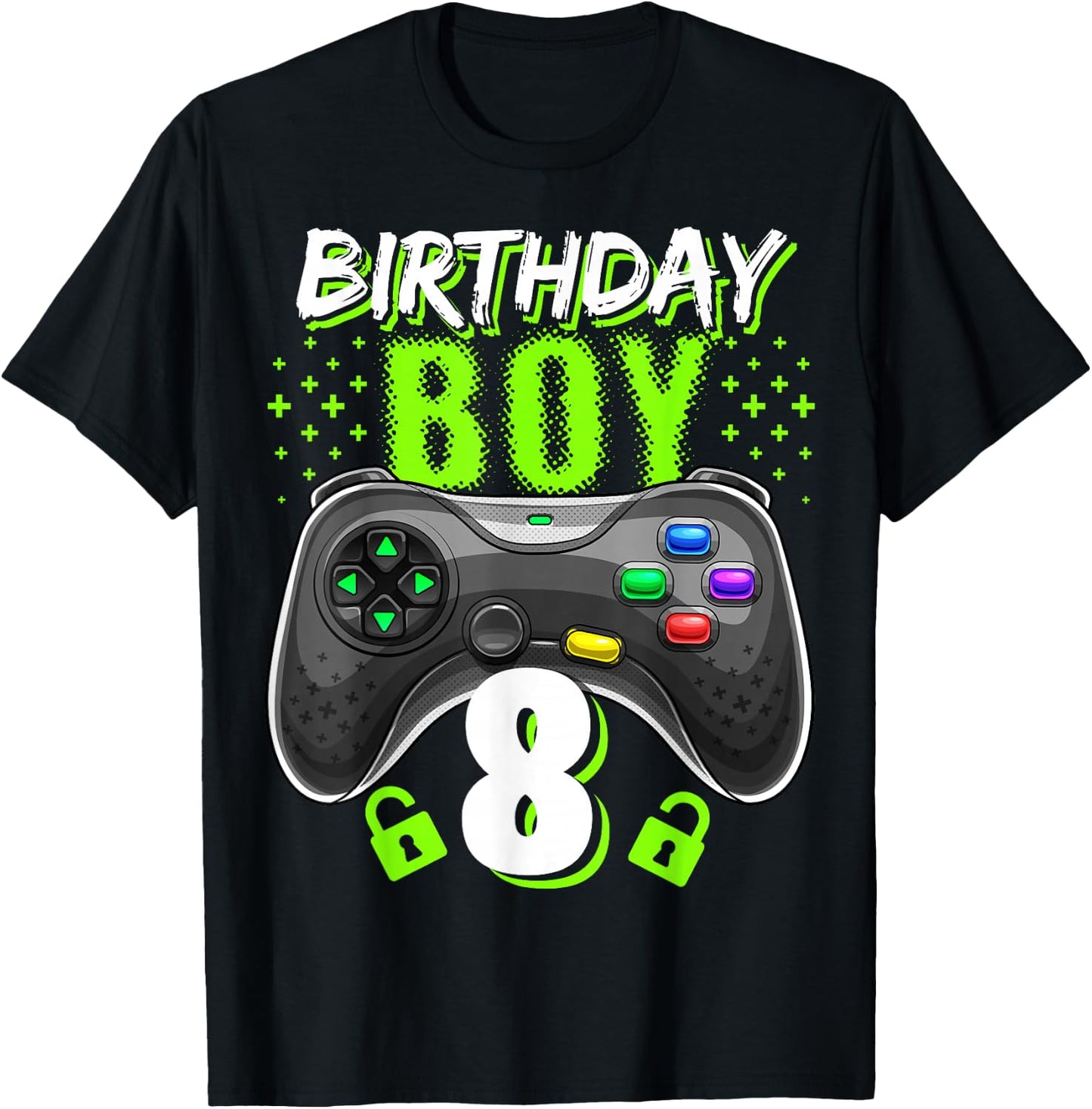 Birthday Boy 8 Video Game Controller Gamer 8th Birthday Gift T-Shirt - T-Shirt | Black