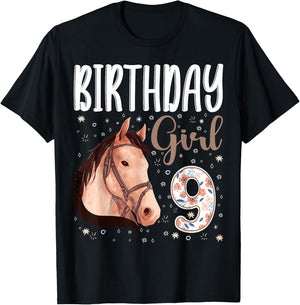 horse Animal Lovers 9th Birthday Girl B-day 9 year old T-Shirt - T-Shirt | Black