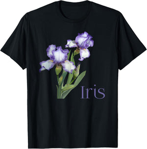 Iris Purple and White Iris Botanical Flower T-Shirt - T-Shirt | Black