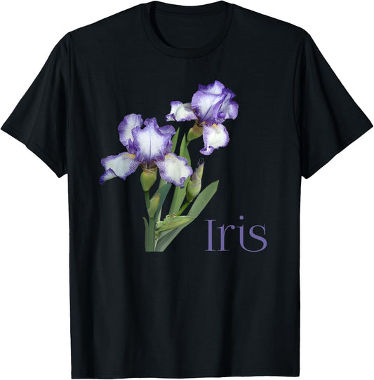 Iris Purple and White Iris Botanical Flower T-Shirt - T-Shirt | Black