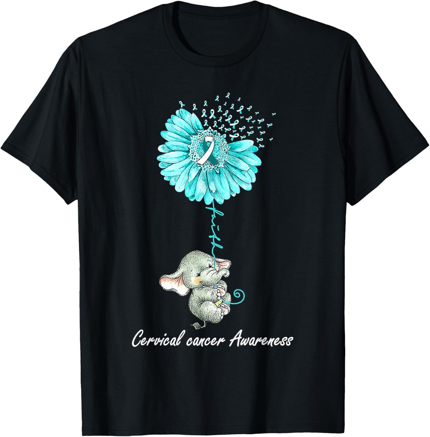 Teal Sunflower Elephant Cervical Cancer Awareness Gift T-Shirt - T-Shirt | Black