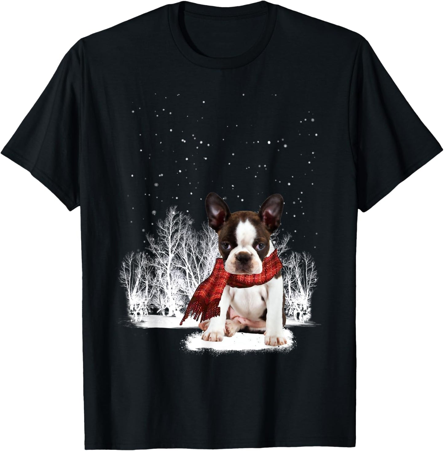 Boston Terrier In The Snow Merry Christmas Winter Gift T-Shirt - T-Shirt | Black