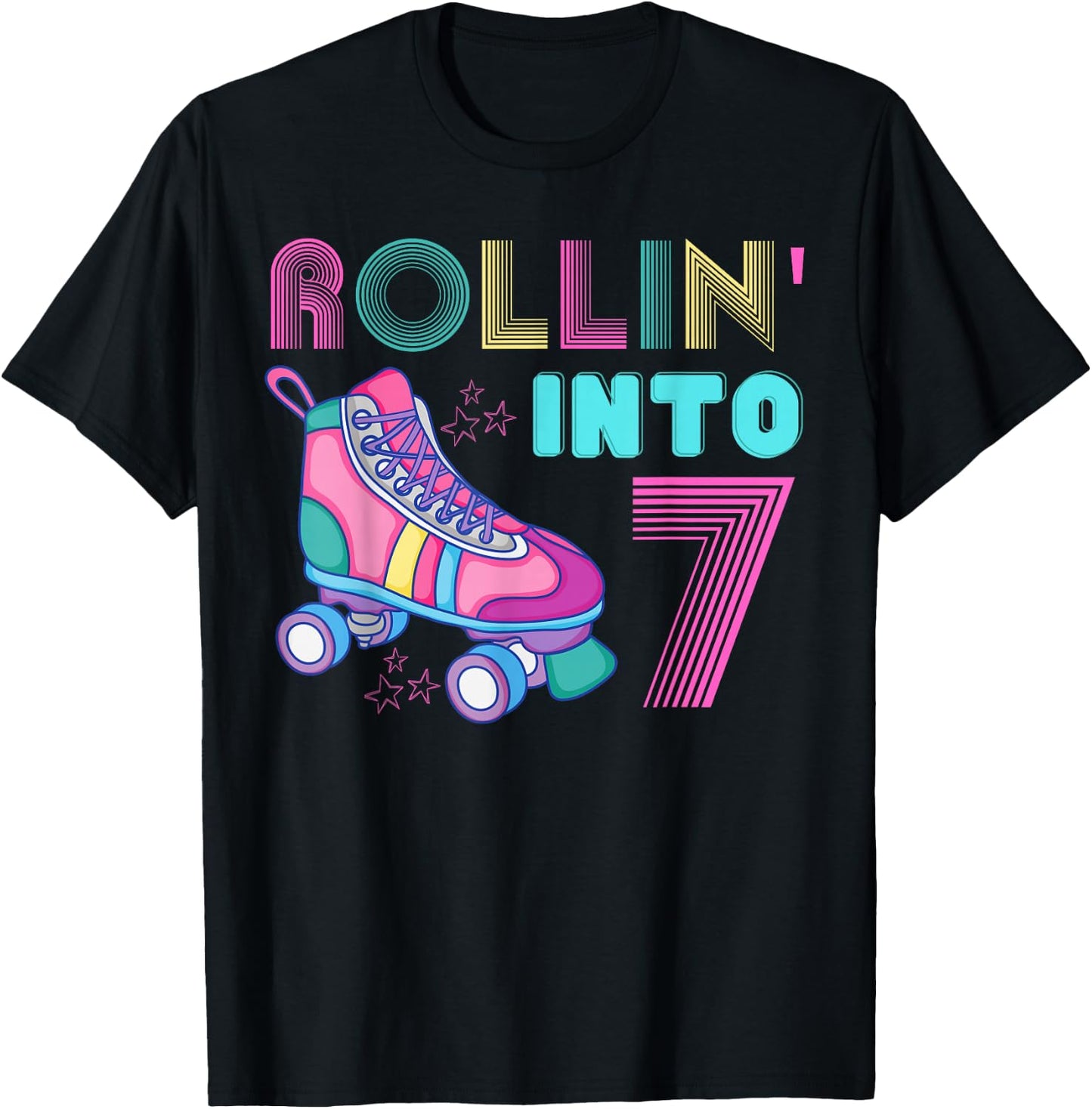 Rolling Into 7 Birthday Party Roller Skating Cute Girl Skate T-Shirt - T-Shirt | Black