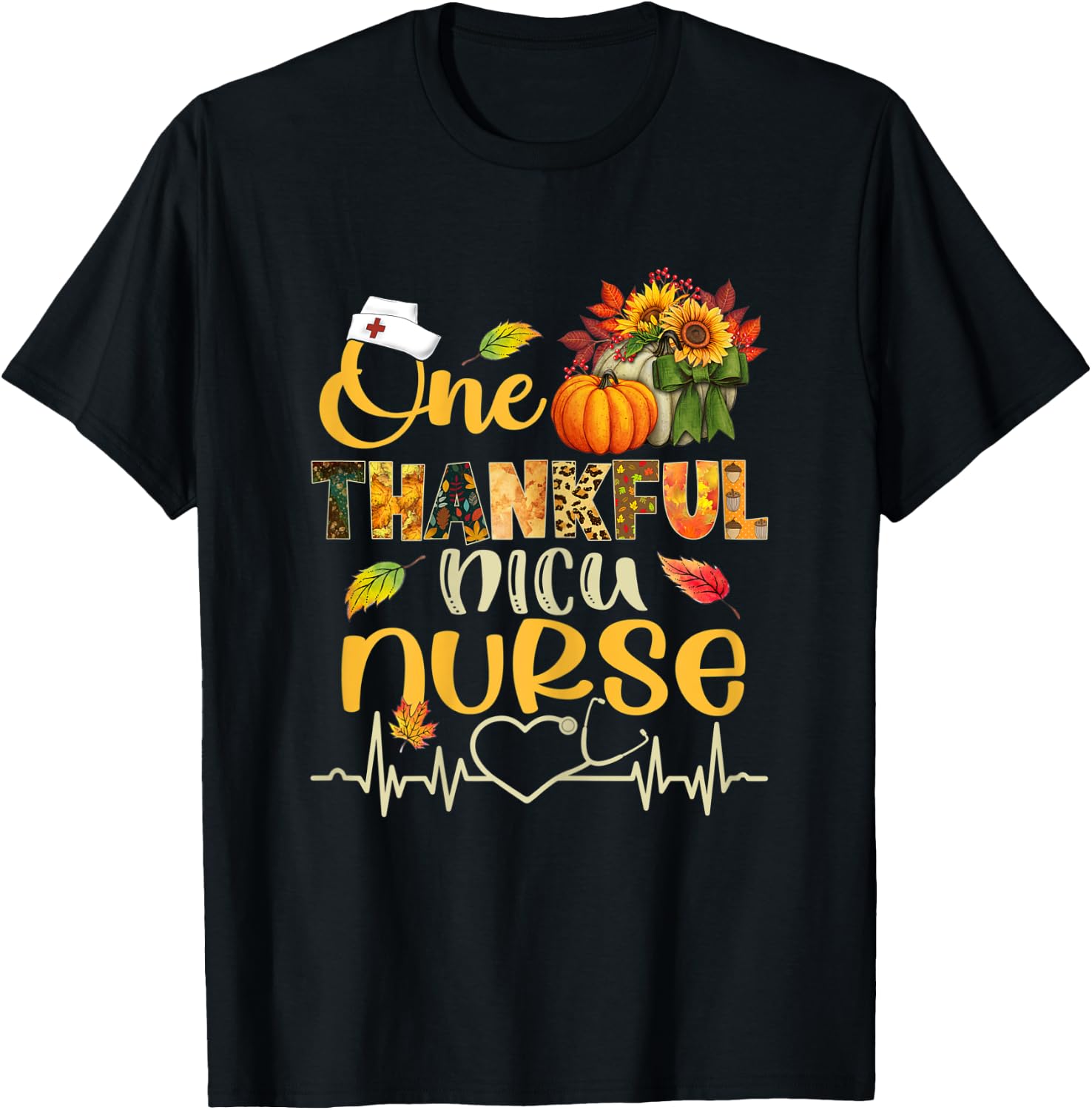 One Thankful NICU Nurse Pumpkin Stethoscope Thanksgiving T-Shirt - T-Shirt | Black