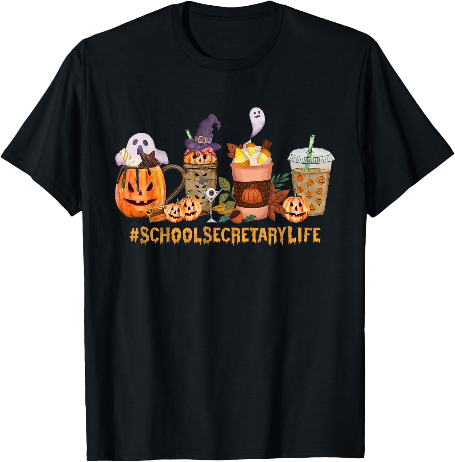School Secretary Horror Fall Coffee Halloween Pumpkin Autumn T-Shirt - T-Shirt | Black