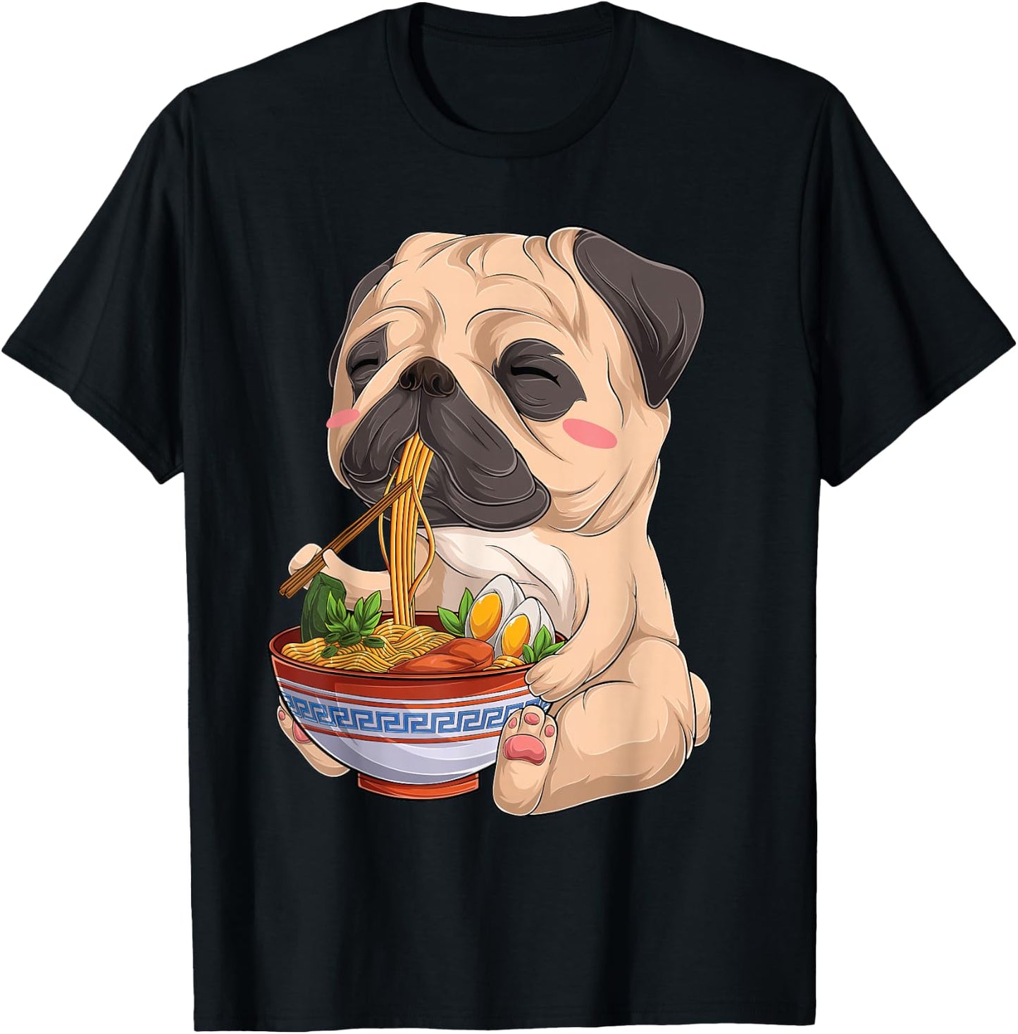 kawaii Japanese anime Pug Dog ramen Food Lovers T-Shirt - T-Shirt | Black