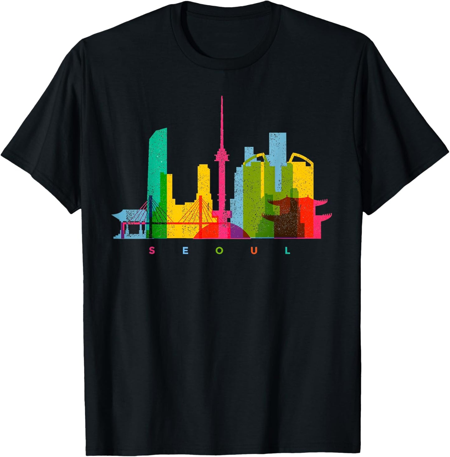 Seoul Skyline South Korea Colourful Vintage Seoul T-Shirt - T-Shirt | Black