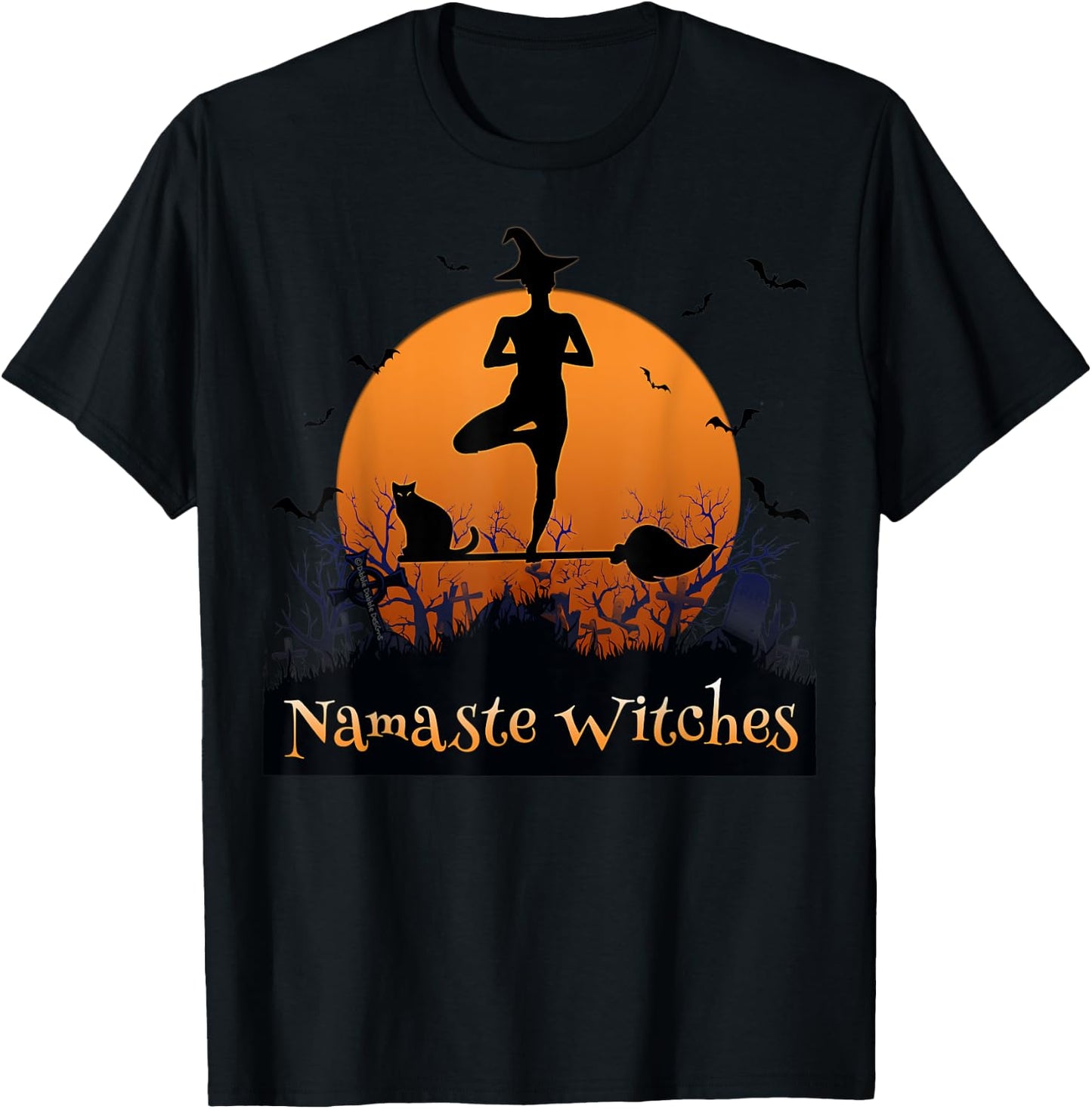 Yoga Lovers Namaste Witches Full Moon Cemetery Halloween T-Shirt - T-Shirt | Black