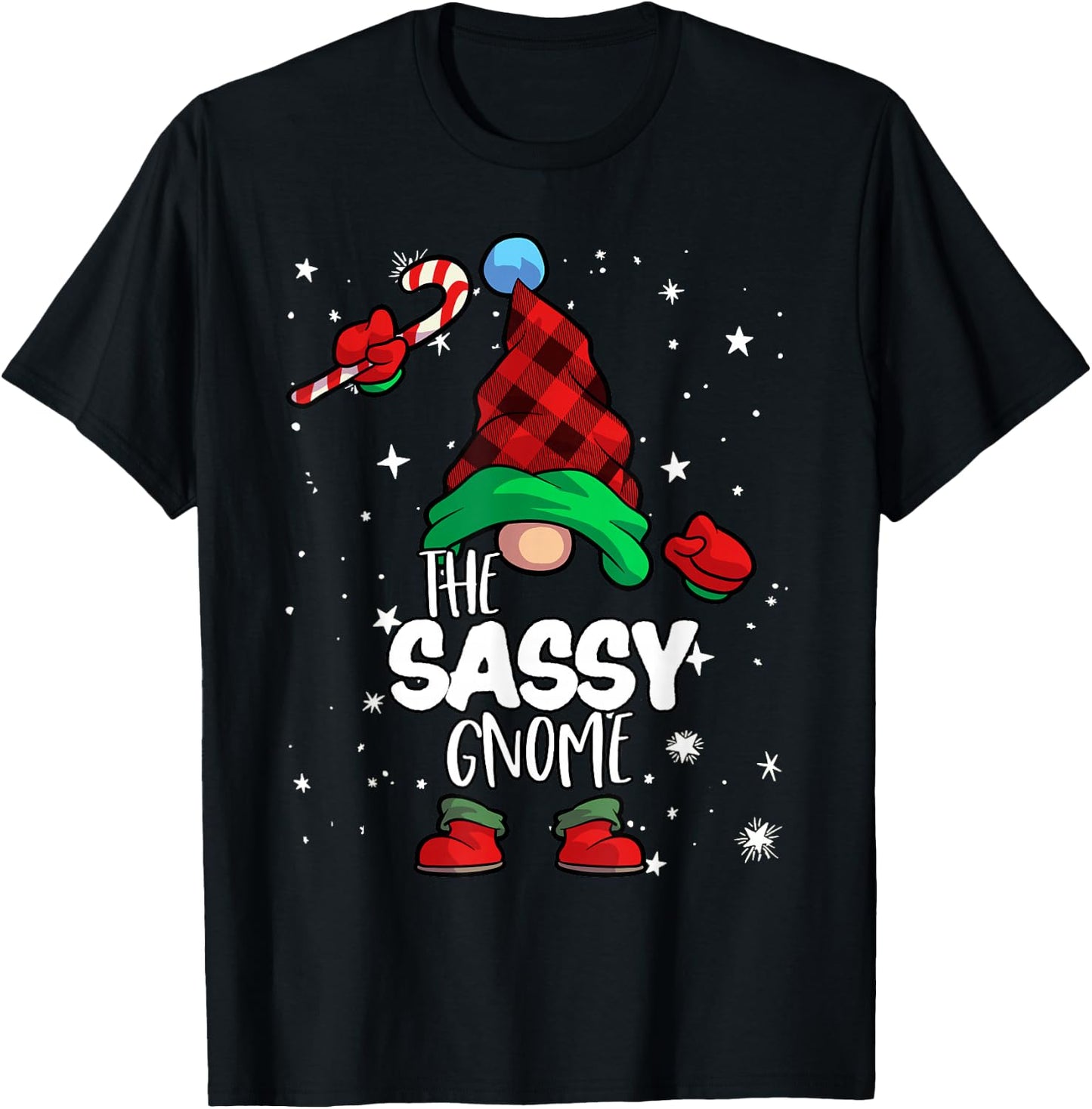 Sassy Gnome Red Buffalo Plaid Matching Family Christmas T-Shirt - T-Shirt | Black