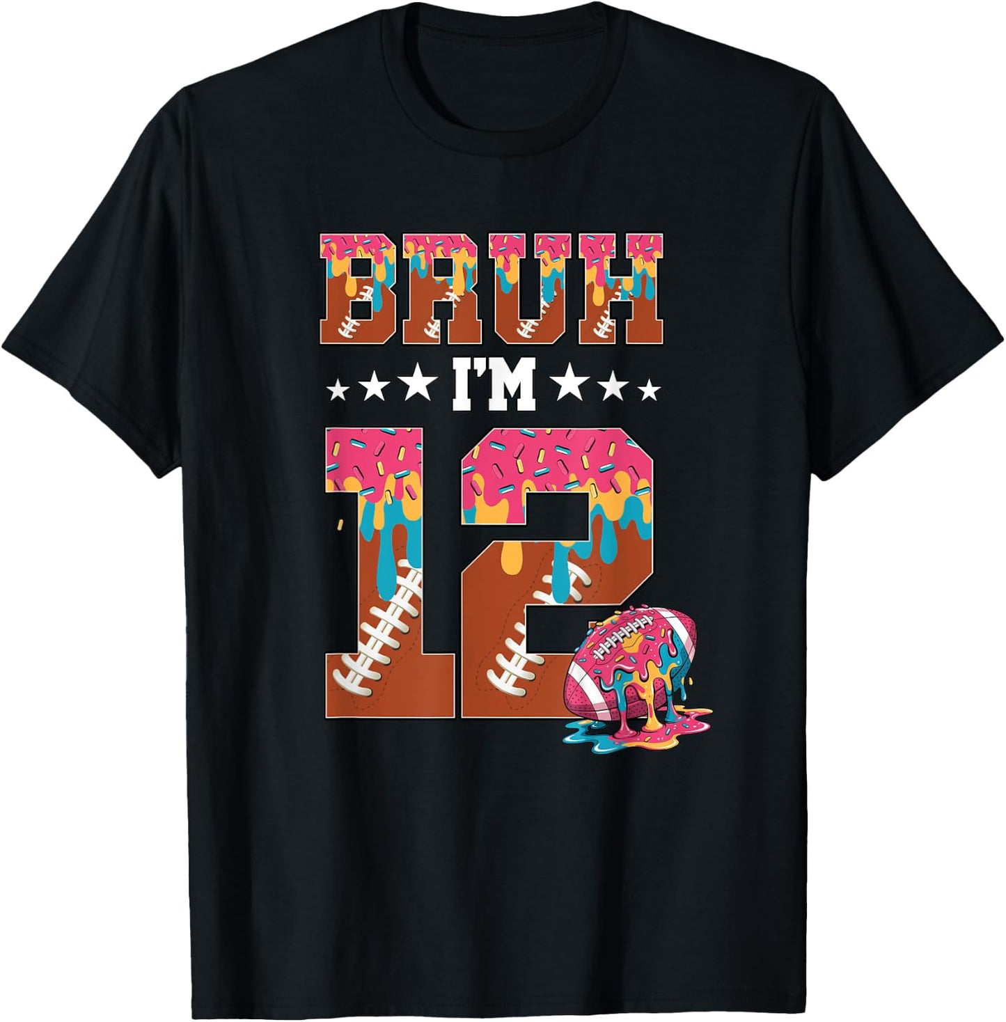 Bruh 12th Birthday Boy Football Ice Cream Drip 12 Year Old T-Shirt - T-Shirt | Black