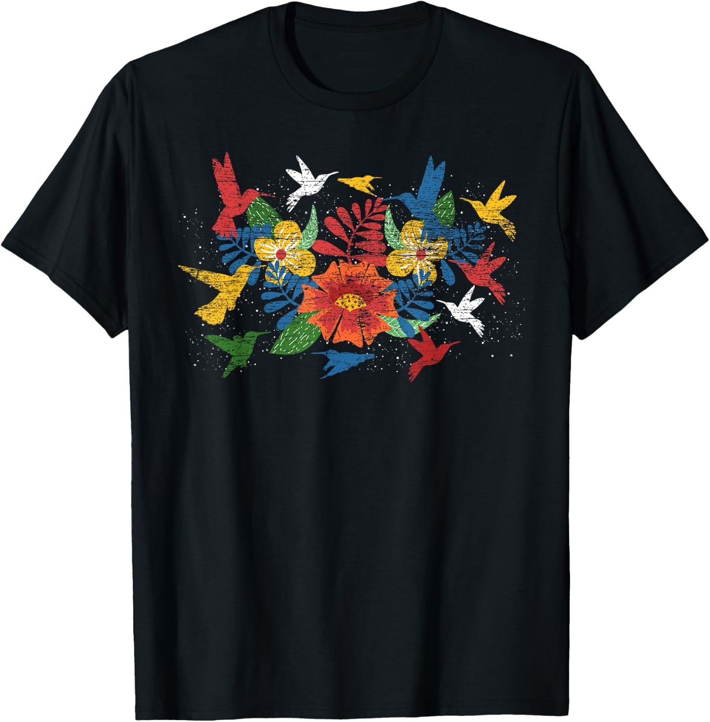 Floral Bird Flowers Hummingbird Animal Vintage Hummingbird T-Shirt - T-Shirt | Black