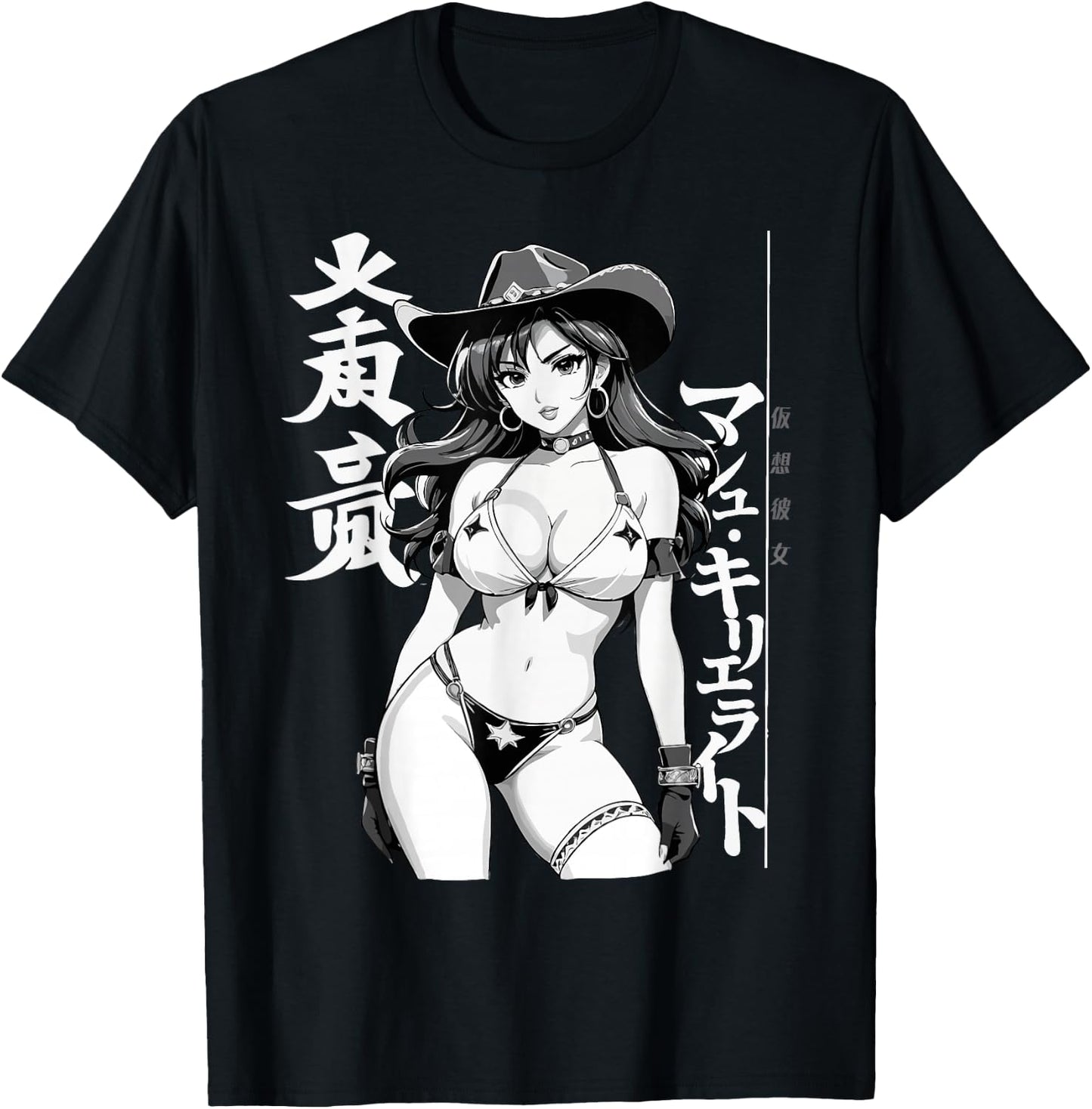 Sexy Waifu Anime Cowgirl Girl Sherif Rodeo T-Shirt - T-Shirt | Black