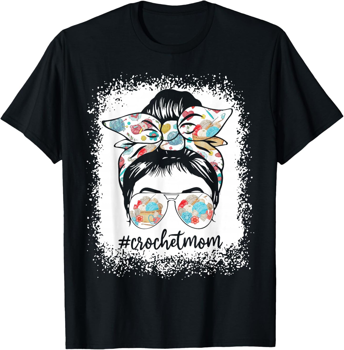 Women Bleached Crochet Mom Messy Bun Crochet Lover T-Shirt - T-Shirt | Black