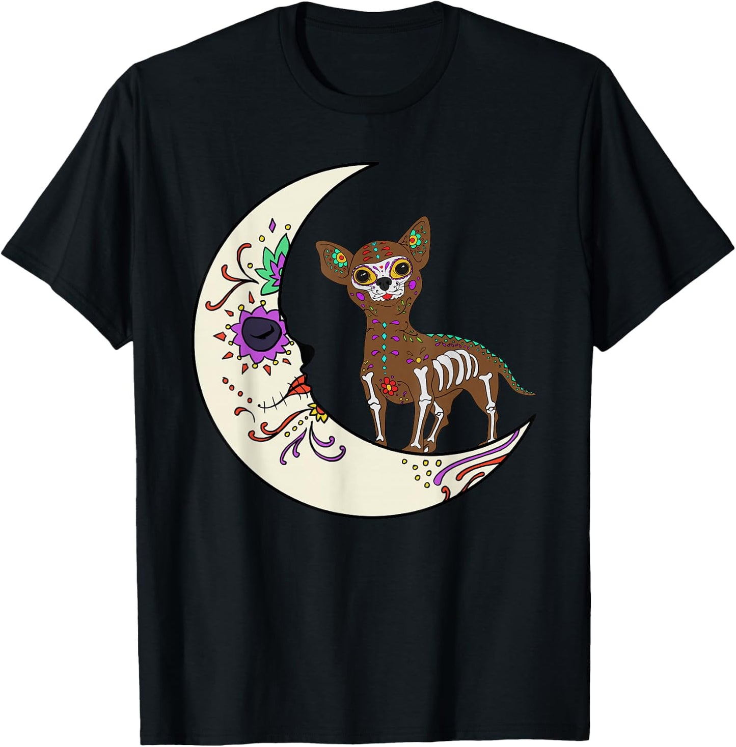 Day of Dead Chihuahua On Moon Dog Chihuahua Sugar Skull Women Kids T-Shirt - T-Shirt | Black