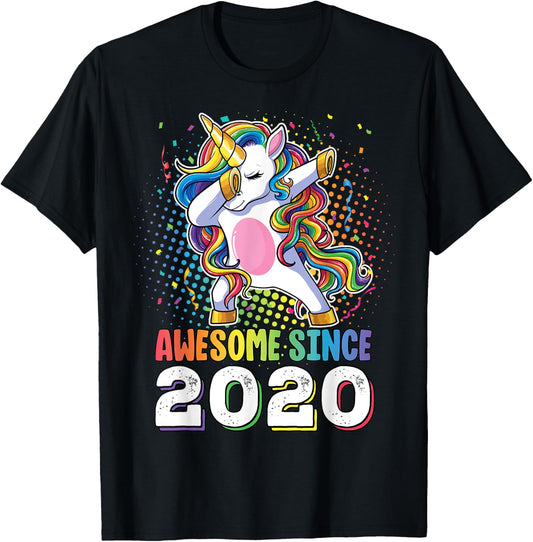 Awesome Since 2020 Girls Boys Dabbing Unicorn Birthday T-Shirt - T-Shirt | Black