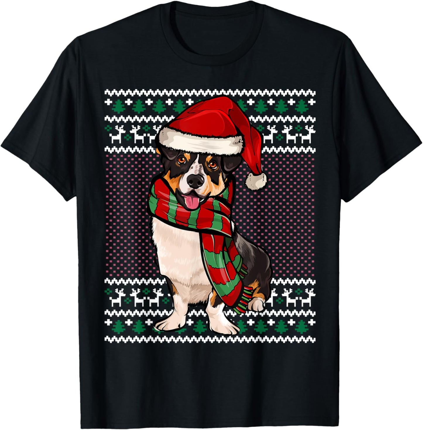Xmas Cardigan Welsh Corgi Dog Santa Hat Ugly Christmas Men Women T-Shirt - T-Shirt | Black